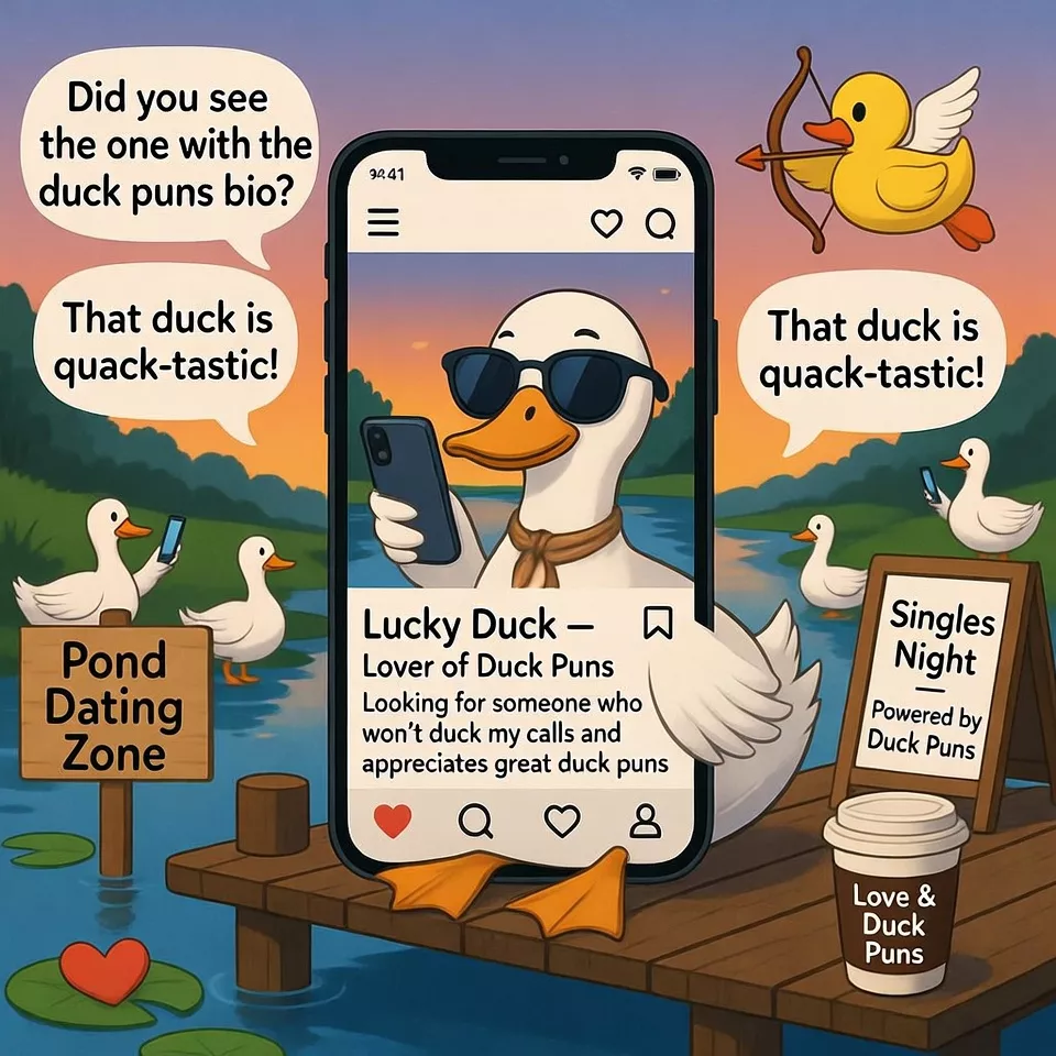 Cute duck using dating app by pond with funny duck puns bio.