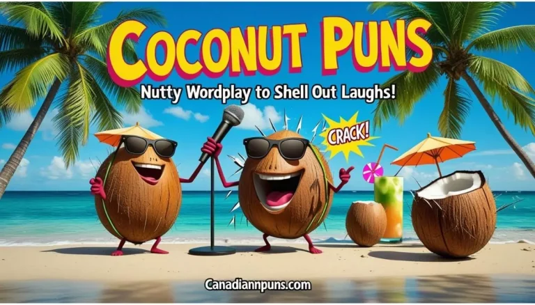 Cartoon coconuts telling jokes on a tropical beach with palm trees, sunglasses, and playful expressions, illustrating coconut puns with humor.